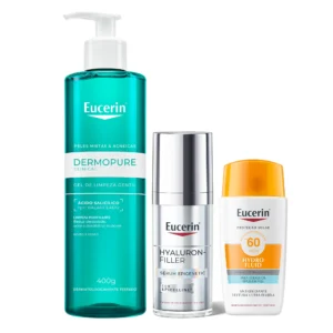 Kit Facial Eucerin Gel de Limpeza Dermo Pure Concentrado 400g + Sérum DermoPure Oil Control Efeito Triplo 40ml + Protetor Solar Gel Creme Antioleosidade FPS 60 Sun 52g